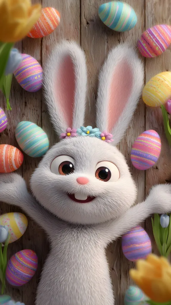 Süßer Osterhase mit bunten Eiern auf Holzhintergrund