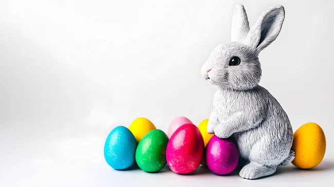 Süßer Osterhase mit bunten Eiern auf weißem Hintergrund