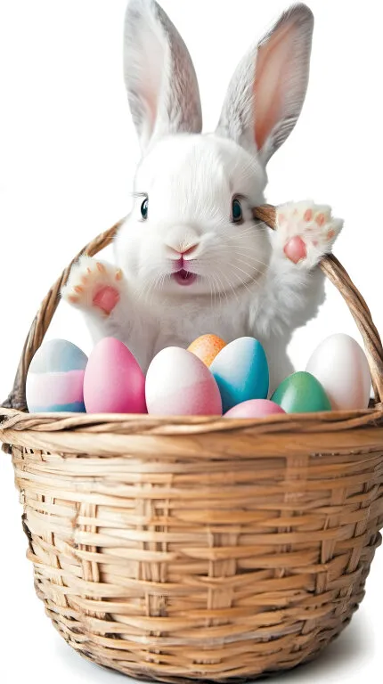 Süßer Osterhase mit bunten Eiern im Korb