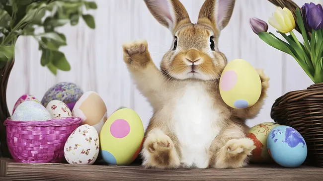 Süßer Osterhase mit bunten Eiern und Frühlingsblumen