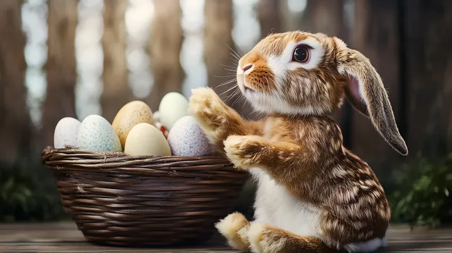 Süßer Osterhase mit bunten Ostereiern im Wald