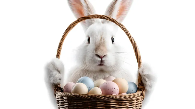 Süßer Osterhase mit gefülltem Korb voller bunter Eier