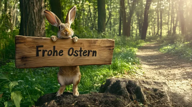 Süßer Osterhase mit Holzschild im waldigen Ambiente