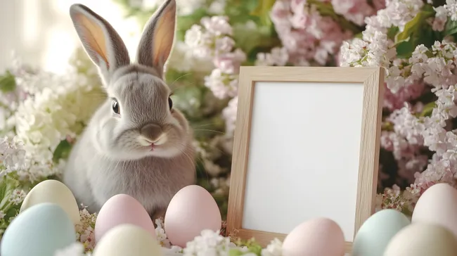 Süßer Osterhase mit leerem Bilderrahmen und bunten Eiern