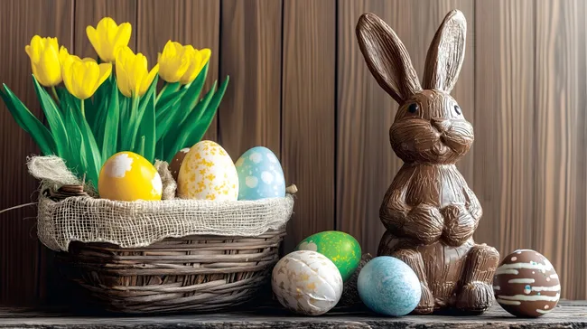 Süßer Osterhase und bunte Eier mit Frühlingsblumen
