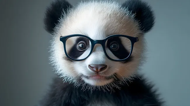 Süßer Panda mit schwarzer Brille vor grauem Hintergrund