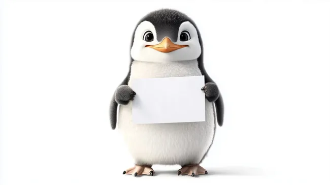 Süßer Pinguin hält Schild auf Weißem Hintergrund