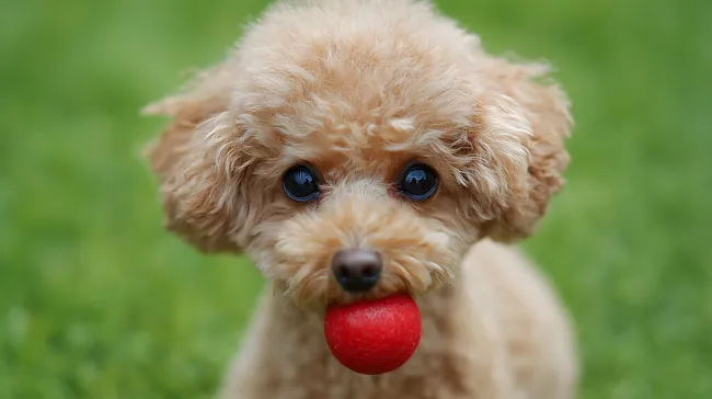 Süßer Pudel mit rotem Ball im Maul auf grüner Wiese
