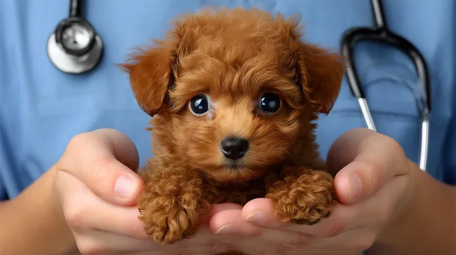 Süßer Pudelhund in Tierarztpraxis mit Stethoskop