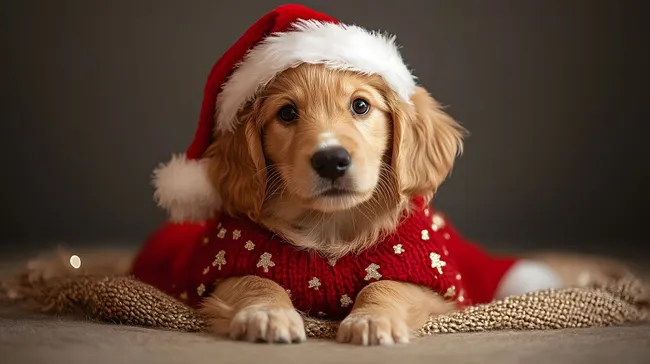 Süßer Retriever-Welpe im Weihnachtspullover