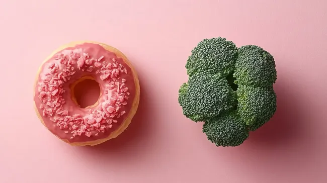 Süßer Rosa-Donut und grüner Brokkoli auf rosa Hintergrund