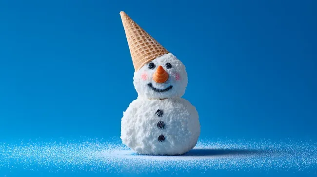 Süßer Schneemann mit Waffelspitze auf blauem Hintergrund