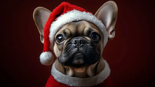 Süßer Weihnachts-Mops mit Mütze vor rotem Hintergrund