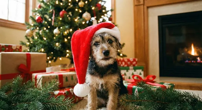 Süßer Weihnachtshund mit Nikolausmütze vor geschmücktem Baum