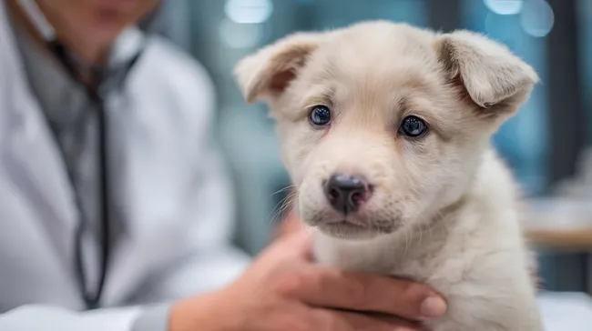 Süßer Welpe bei Tierarztuntersuchung