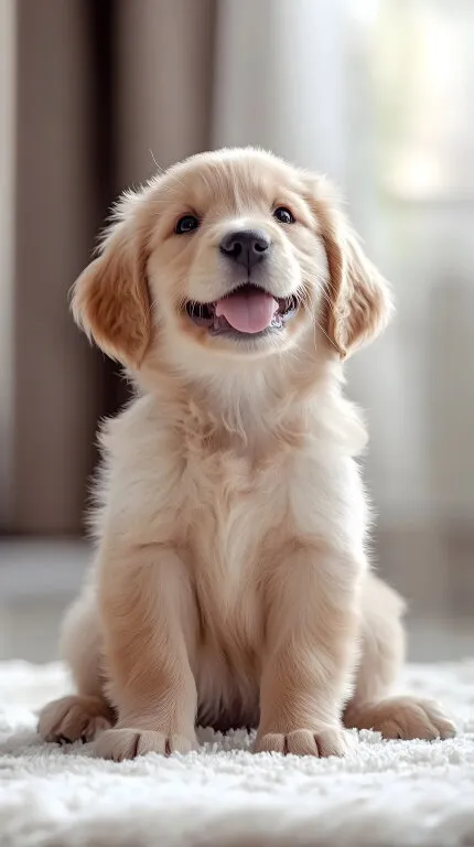 Süßer Welpe des Golden Retriever auf weichem Teppich