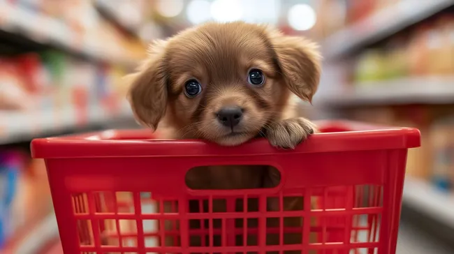 Süßer Welpe im roten Einkaufskorb