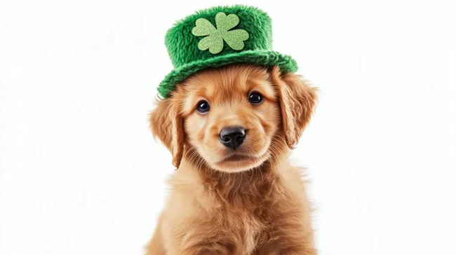 Süßer Welpe mit Glücksklee-Hut zum St. Patrick's Day