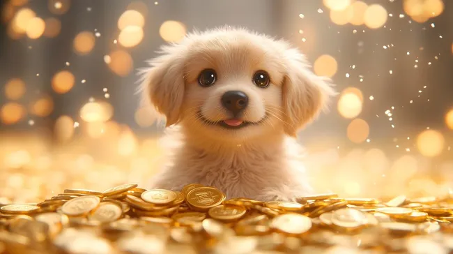 Süßer Welpe mit Goldmünzen und Kryptowährungen