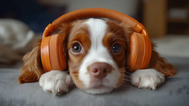 Süßer Welpe mit orangefarbenen Kopfhörern