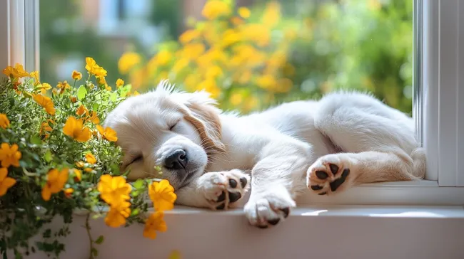Süßer Welpe schläft friedlich im blühenden Fensterrahmen