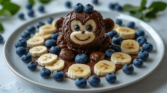 Süßes Affengesicht mit Früchten dekoriert