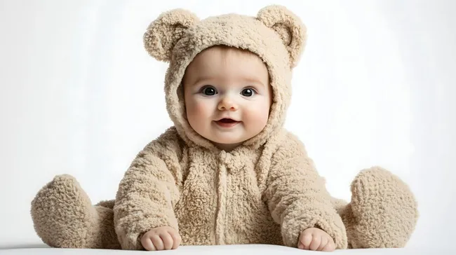 Süßes Baby im kuscheligen Teddybärkostüm