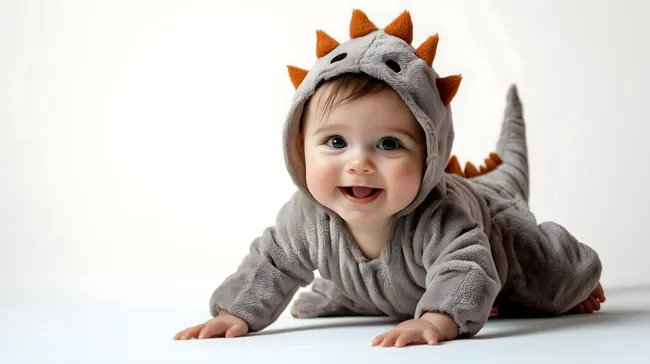 Süßes Baby in Dino-Kostüm auf weißem Hintergrund