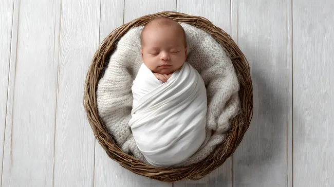 Süßes Baby in weißem Tuch in geflochtener Wiege