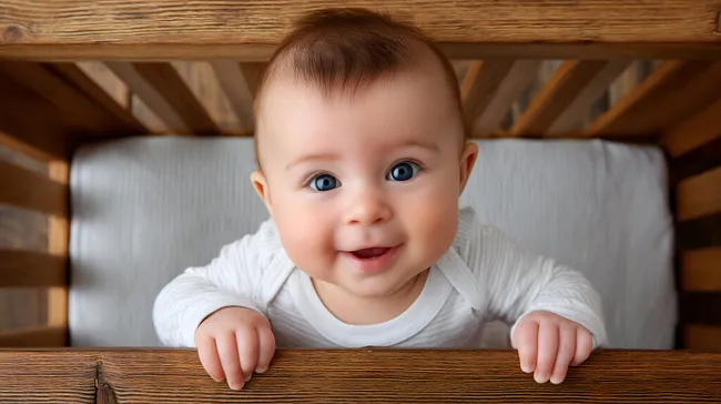 Süßes Baby mit blauen Augen im Holzgitterbett