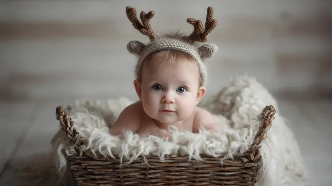 Süßes Baby mit Geweih-Mütze in Korb