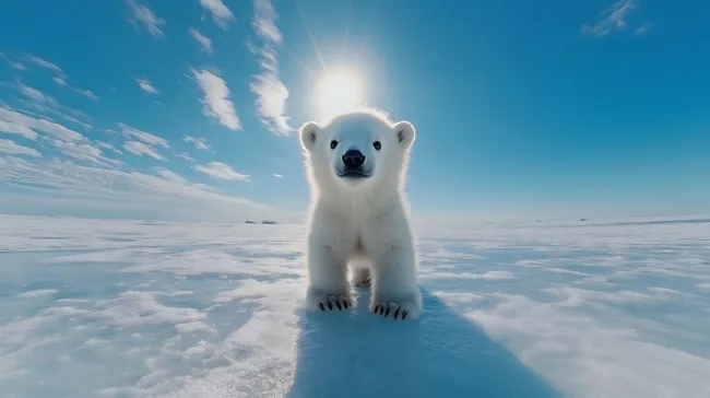 Süßes Eisbärjunges in winterlicher Landschaft