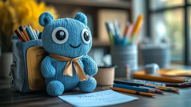 Süßes gestricktes Stofftier auf Schreibtisch mit Büromaterial