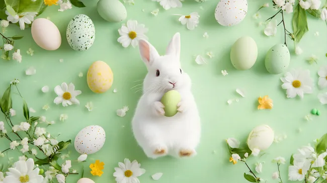 Süßes Häschen mit Ostereiern auf grüner Wiese