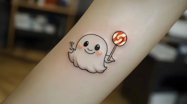 Süßes Halloween-Geist-Tattoo mit Lutscher