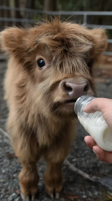 Süßes Hochlandrind wird mit Milchflasche gefüttert