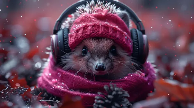 Süßes Igel-Porträt im Winteroutfit mit Kopfhörern