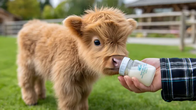 Süßes Kälbchen trinkt Milch auf Wiese mit Bauernhof