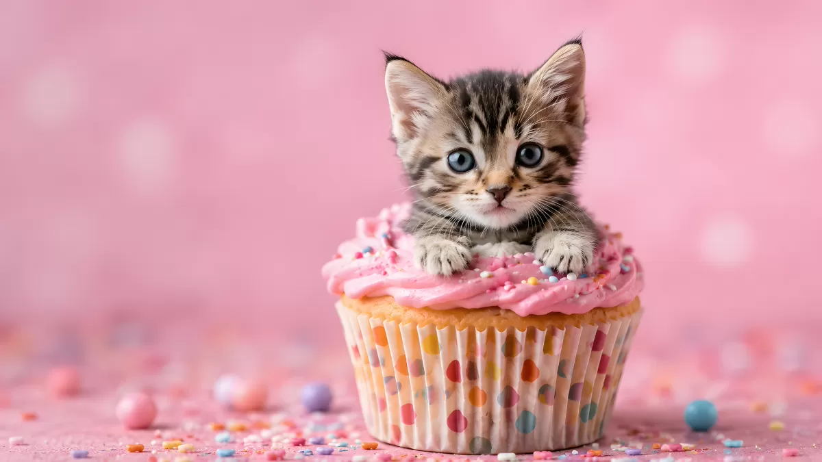 Süßes Kätzchen sitzt auf einem rosa Cupcake