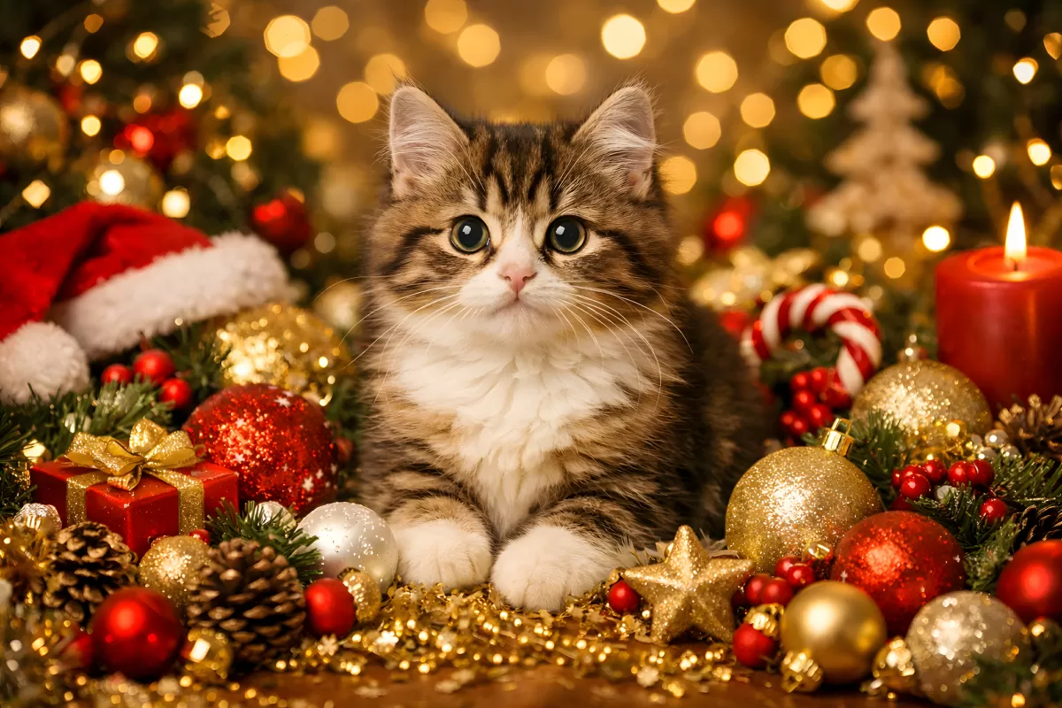Süßes Kätzchen zwischen Weihnachtsdekoration und Lichtern