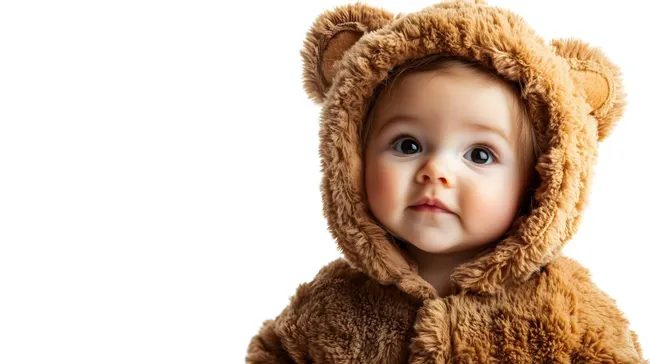 Süßes Kleinkind im Löwenkostüm vor weißem Hintergrund