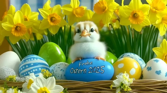 Süßes Küken sitzt zwischen Ostereiern und Osterglocken