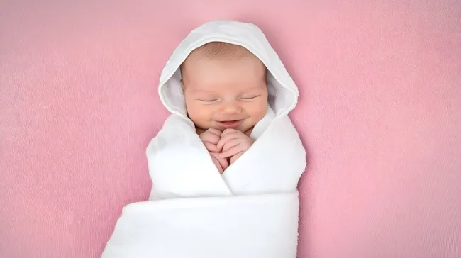 Süßes lächelndes Baby in weißer Decke auf rosa Hintergrund