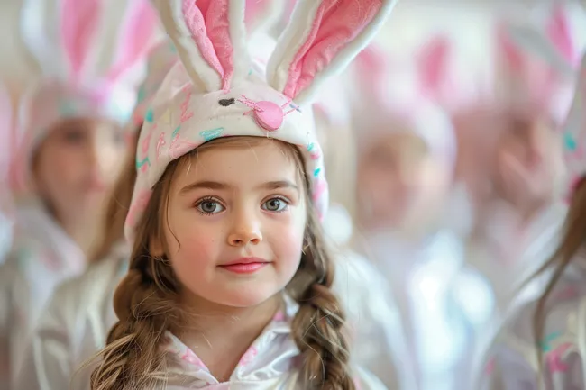 Süßes Osterhäschen-Mädchen in rosa Blüten