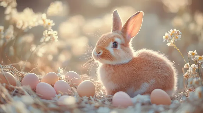 Süßes Osterhasen-Motiv mit Eiern und Frühlingsblumen