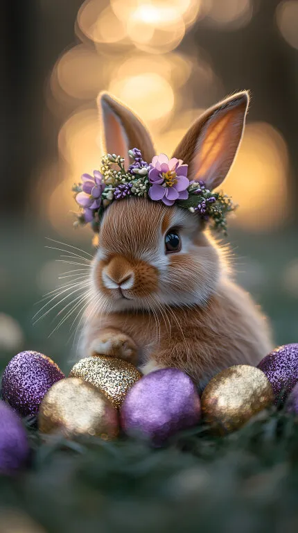 Süßes Osterhasenbild mit Blumenkranz und bunten Eiern