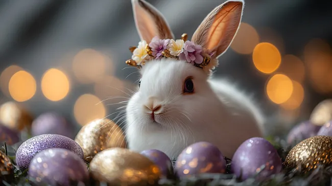 Süßes Osterhasenbild mit Blumenkranz und goldenen Eiern