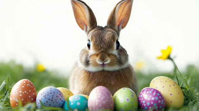 Süßes Osterhasenbild mit bunten Eiern