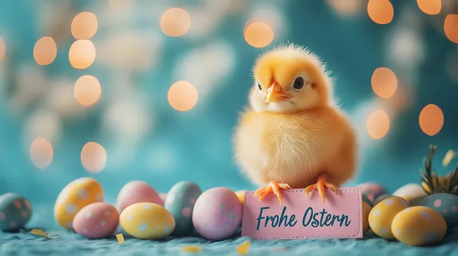 Süßes Osterküken mit Frohe-Ostern-Schild und bunten Eiern