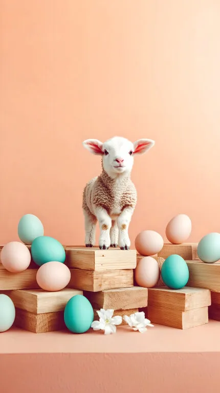 Süßes Osterlamm mit bunten Eiern auf Holzklötzen